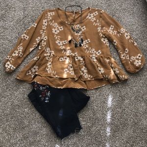 Shein hi-lo mustard floral peplum top